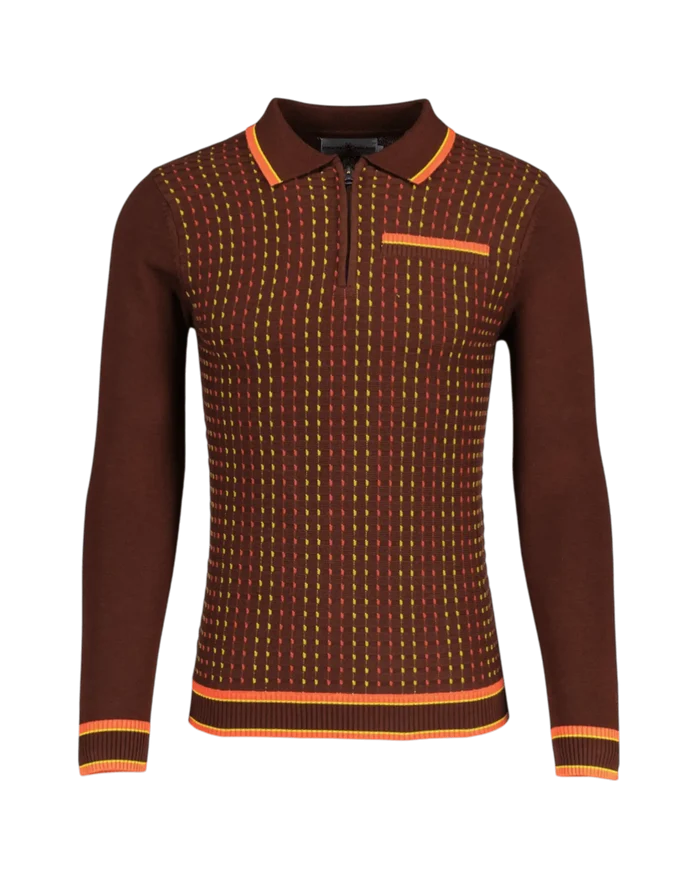 MADCAP Coltrane Mod Textured Dash Jacquard Knit Polo in Brown