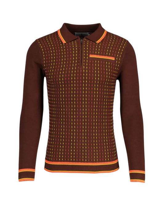 MADCAP Coltrane Mod Textured Dash Jacquard Knit Polo in Brown