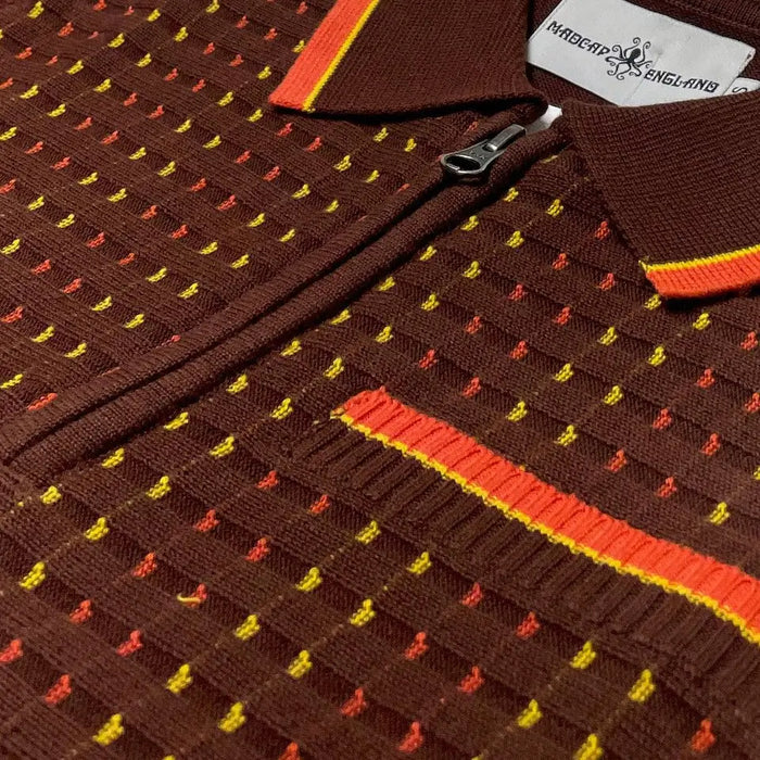MADCAP Coltrane Mod Textured Dash Jacquard Knit Polo in Brown