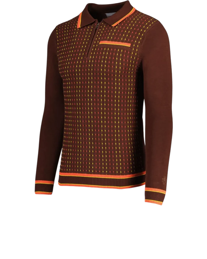 MADCAP Coltrane Mod Textured Dash Jacquard Knit Polo in Brown