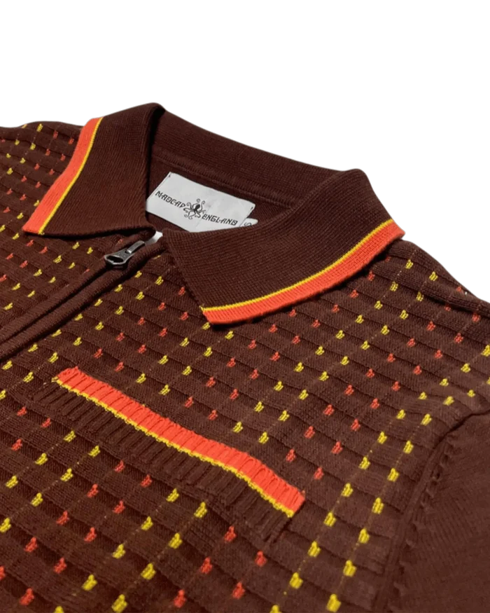 MADCAP Coltrane Mod Textured Dash Jacquard Knit Polo in Brown