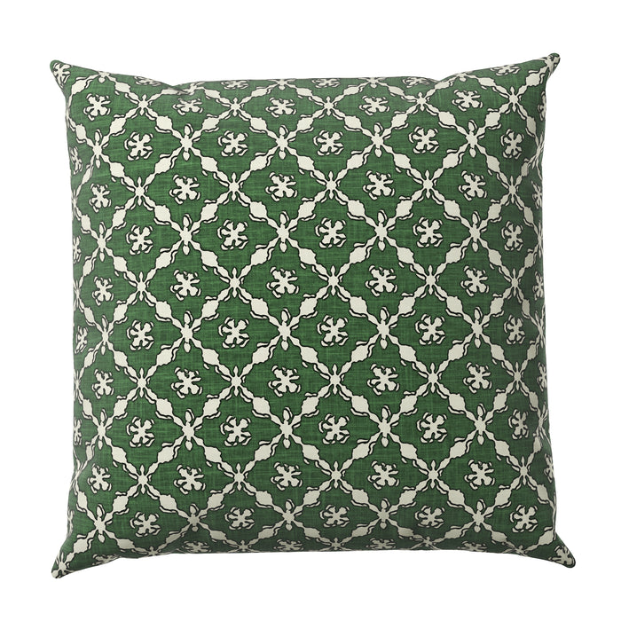 Decorative pillow with a blue and white geometric pattern on a white background
