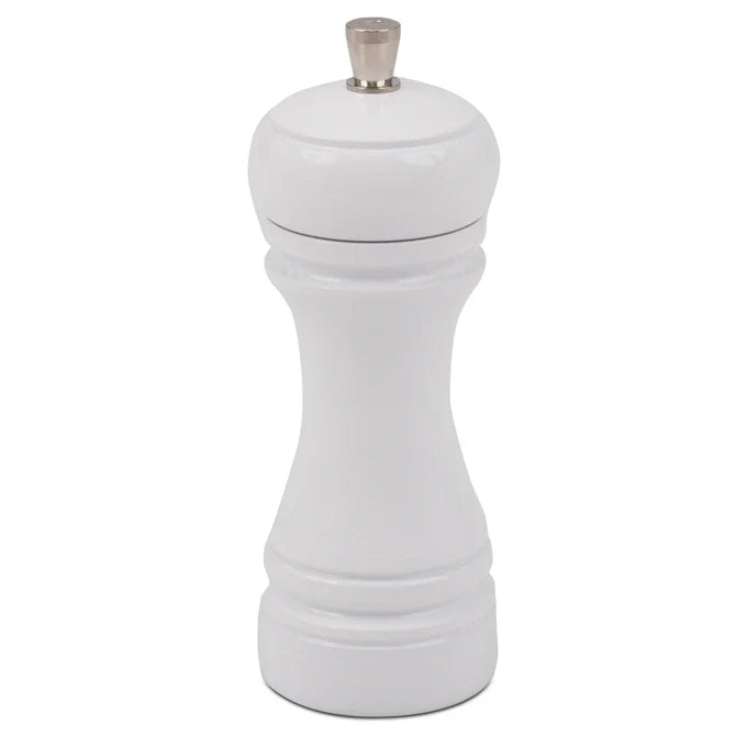White pepper mill with silver top on a white background