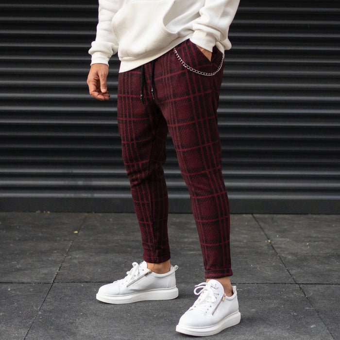 Men's Plaid Cachet Sweatpants With Chain Detail In Claret Red (2)