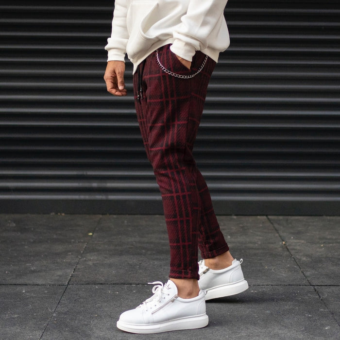 Men's Plaid Cachet Sweatpants With Chain Detail In Claret Red (3)