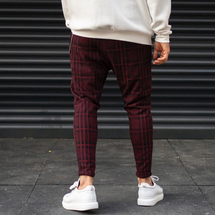 Men's Plaid Cachet Sweatpants With Chain Detail In Claret Red (4)