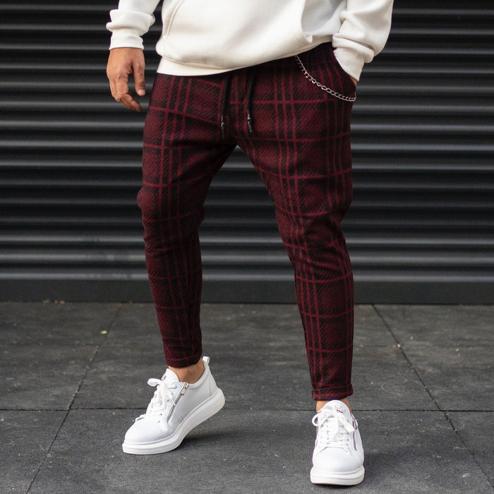 Men's Plaid Cachet Sweatpants With Chain Detail In Claret Red (5)