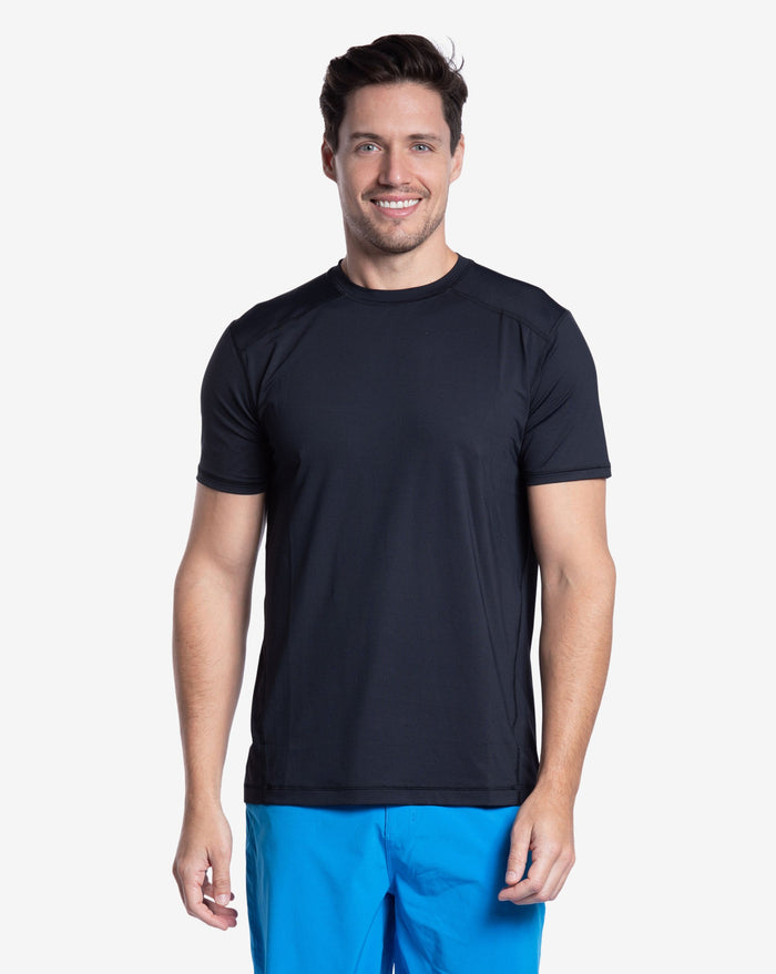 Man wearing short sleeve crew shirt in black (Style 11002) - BloqUV