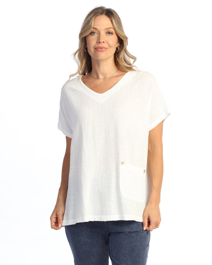 Mineral Washed Cotton Gauze V-Neck Top with Patch Pocket and Buttons - M135