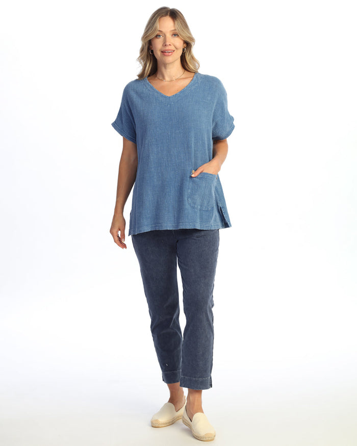 Mineral Washed Cotton Gauze V-Neck Top with Patch Pocket and Buttons - M135