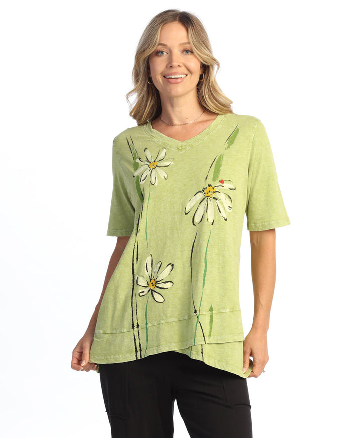Mineral Washed Cotton V-Neck Top with 1/2 Sleeves - M136