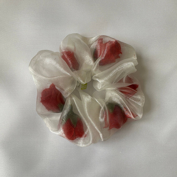 Mini Sheer Rose Stuffed Scrunchie in  Ivory / red