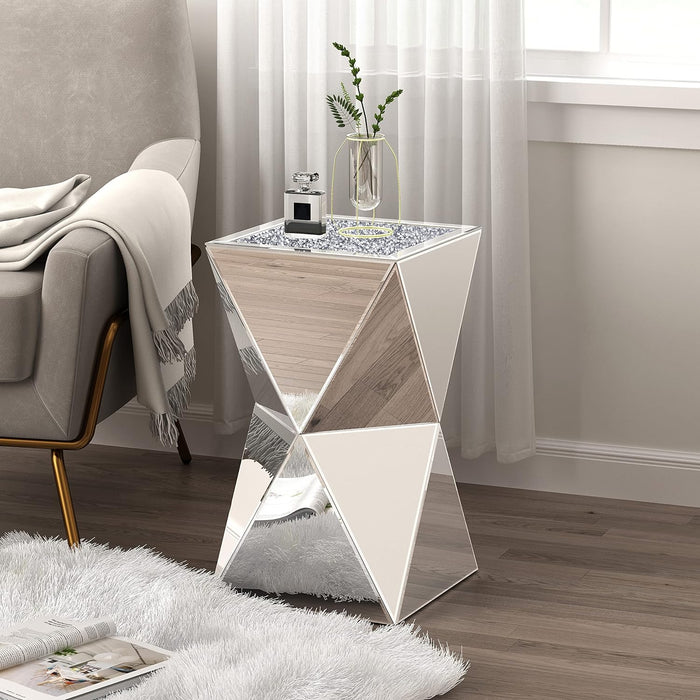 Mirrored Diamond Setting End Table Glass Decorative Side Table for Living Room