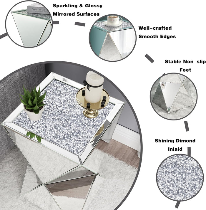 Mirrored Diamond Setting End Table Glass Decorative Side Table for Living Room