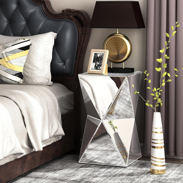 Mirrored Diamond Setting End Table Glass Decorative Side Table for Living Room