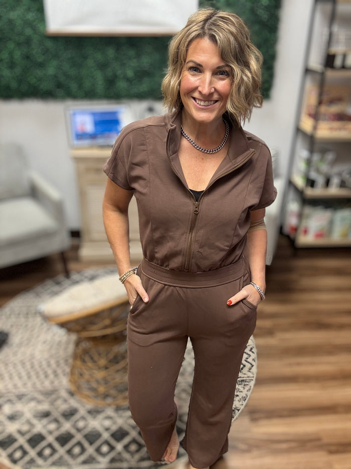 Modal Zip-Front Jumpsuit - Mocha