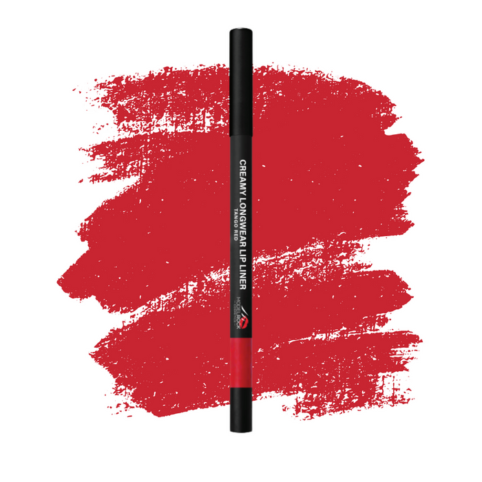 Black lip liner with red color swatch on a white background