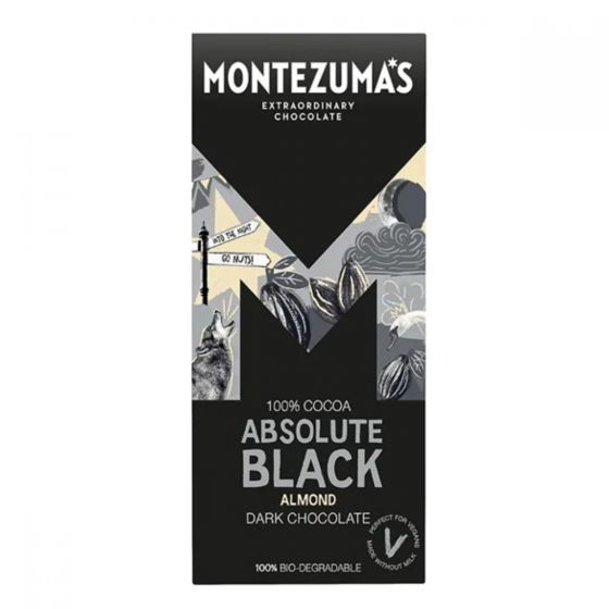 Montezuma's Absolute Black 100% Chocolate with Almonds 90g