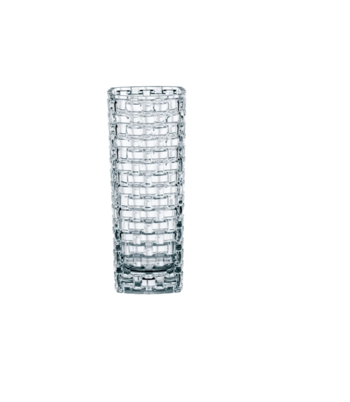 A clear crystal glass vase with a geometric basketweave design, standing 11 inches tall.