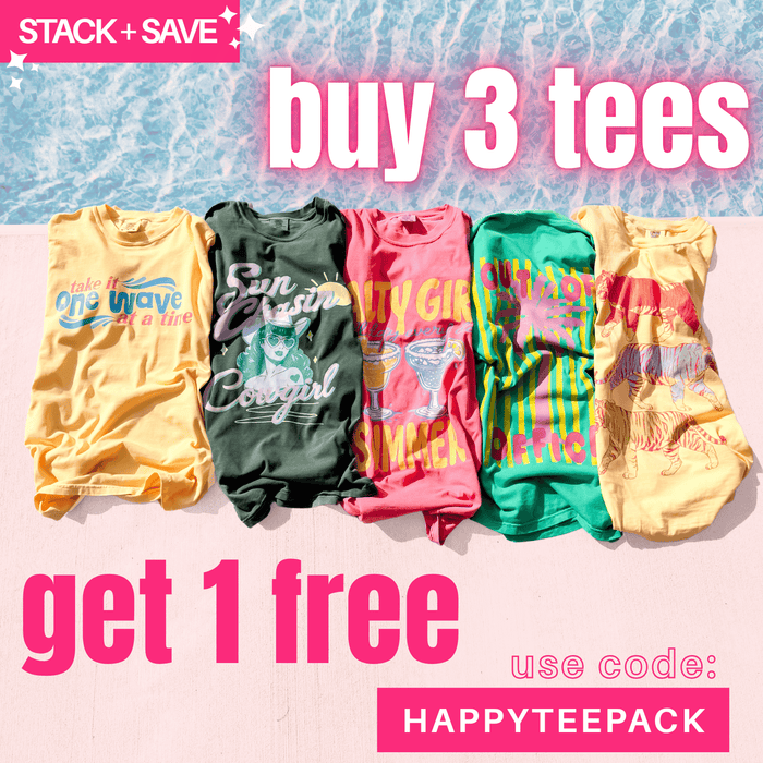 Neon Tigers Tee in vibrant colors, featuring a tiger graphic on a light background, displayed among other colorful tees.