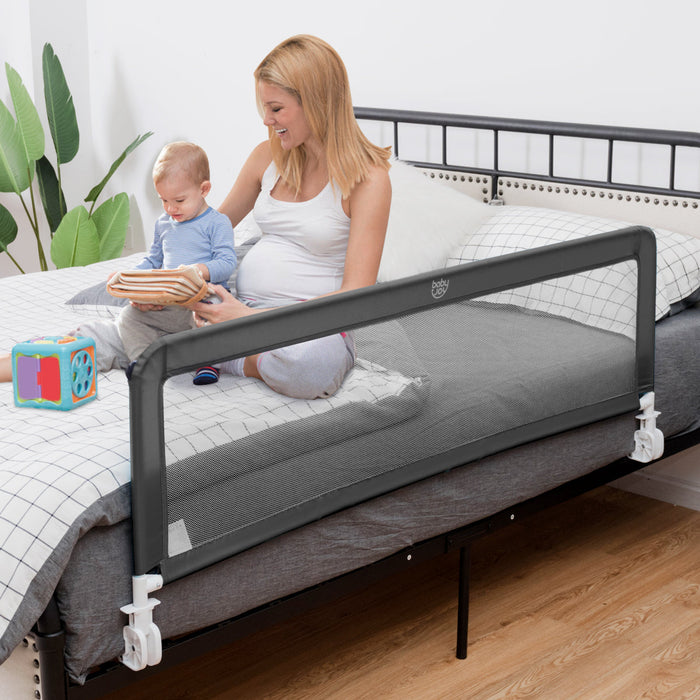 NNECW Height Adjustable Bed Rail with Mesh Cloth for Toddlers-Gray-0