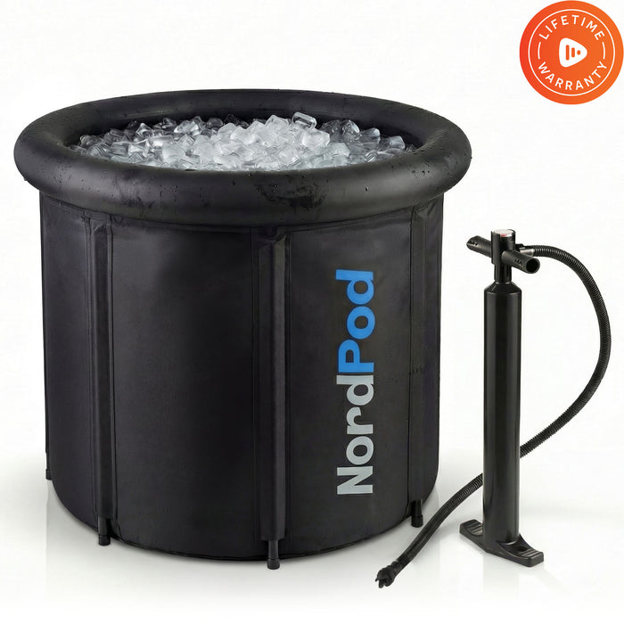 NordPod portable ice bath filled with ice cubes next to its hand pump, with a Lifetime Warranty badge.
