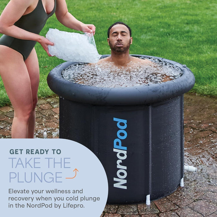 Man with eyes closed sitting in the NordPod filled with ice water while a woman pours in more ice, captioned 'Get Ready to Take the Plunge.'