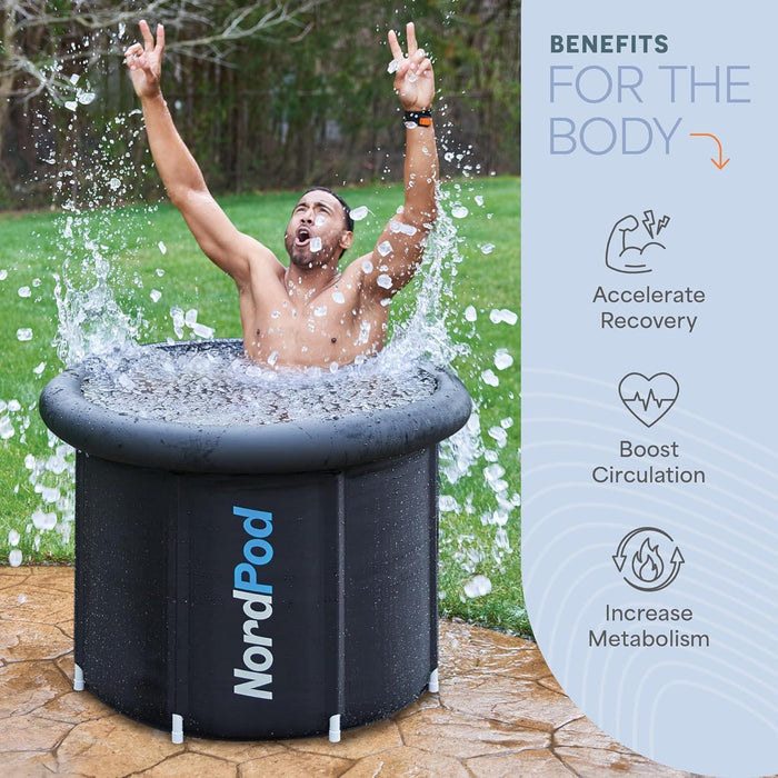 Man raising his arms in celebration while immersed in the NordPod ice bath, with icons listing benefits: accelerate recovery, boost circulation, increase metabolism.