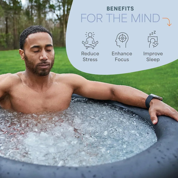 Man relaxing with eyes closed in the NordPod ice bath, with icons listing mental benefits: reduce stress, enhance focus, improve sleep.