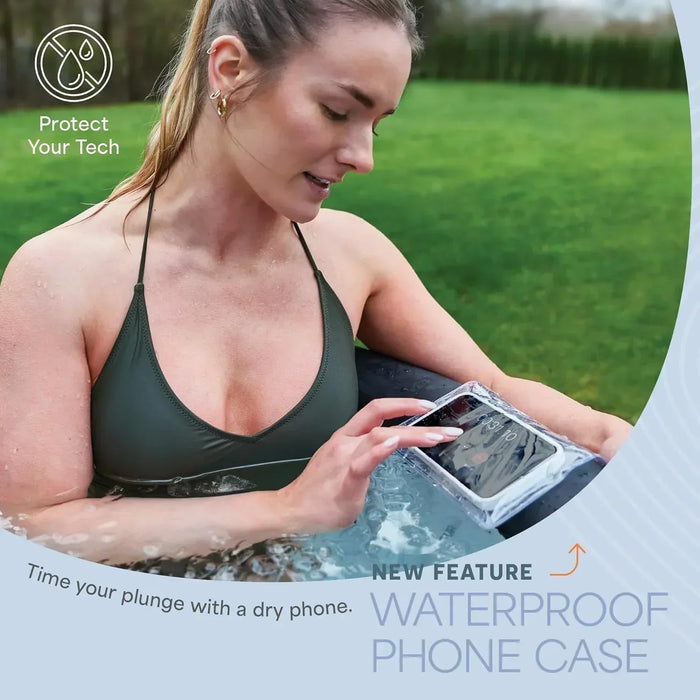 Woman using a waterproof phone case clipped to the NordPod's edge while sitting in the ice bath, captioned 'Protect Your Tech.'