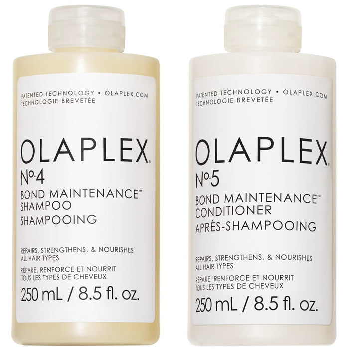 Olaplex Hair Care set with No. 4 Shampoo and No. 5 Conditioner bottles, designed for damaged hair care and strengthening.