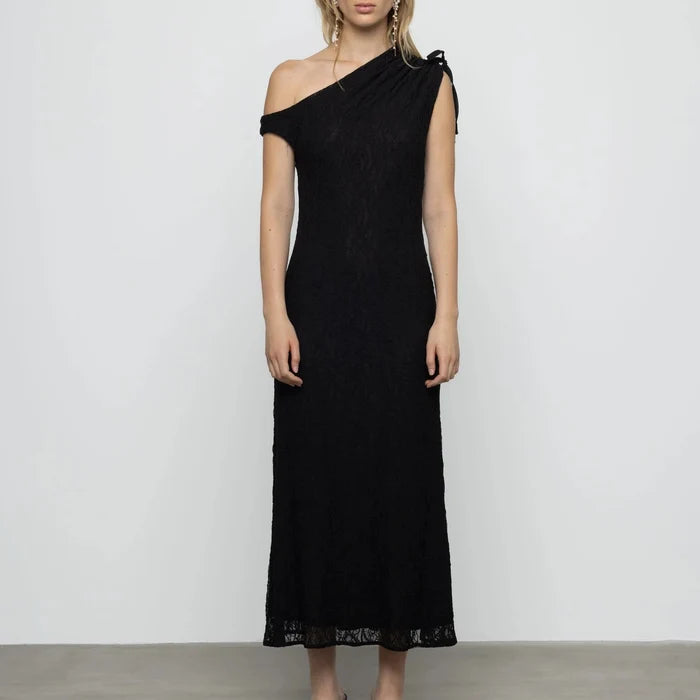 One Shoulder Lace Maxi Dress in Black