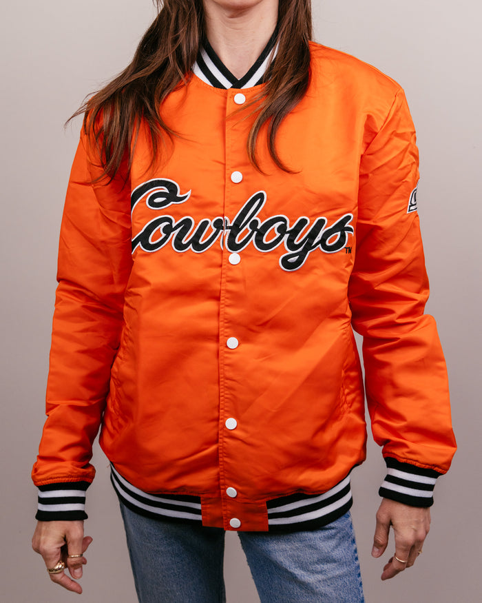 Orange OSU Oklahoma State Cowboys Script Vintage Varsity Jacket Front