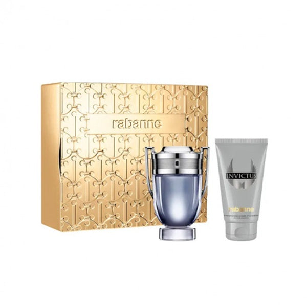 Paco Rabanne Invictus 100ml EDT spray and 100ml all-over shampoo bottles on a plain background.