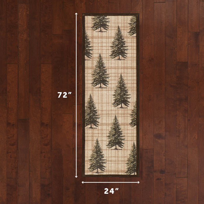 Vertical runner with scattered evergreen trees on beige plaid background, 72" x 24".