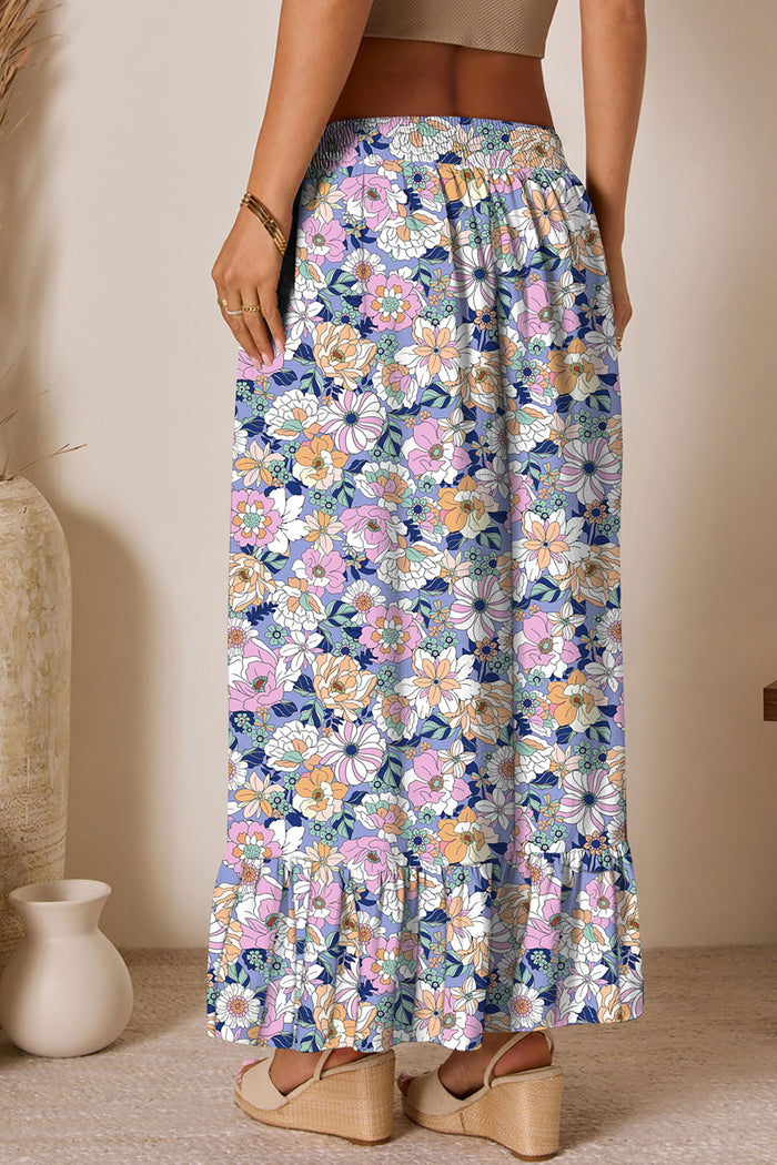 Pink Floral Print Lace-up High Waist Ruffle Hem Maxi Skirt