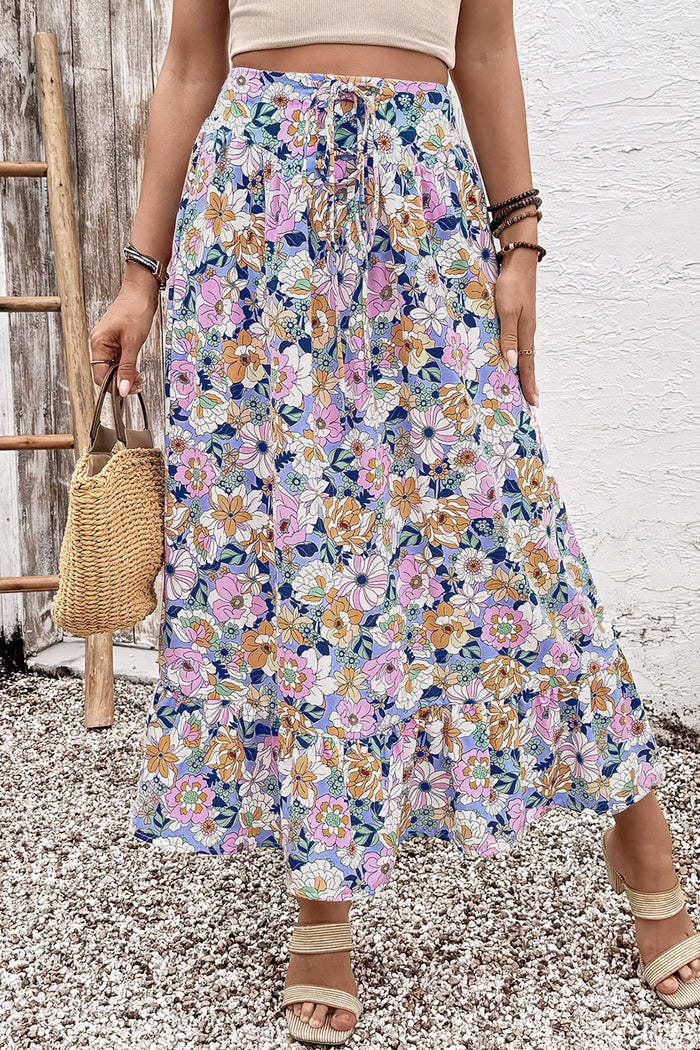 Pink Floral Print Lace-up High Waist Ruffle Hem Maxi Skirt