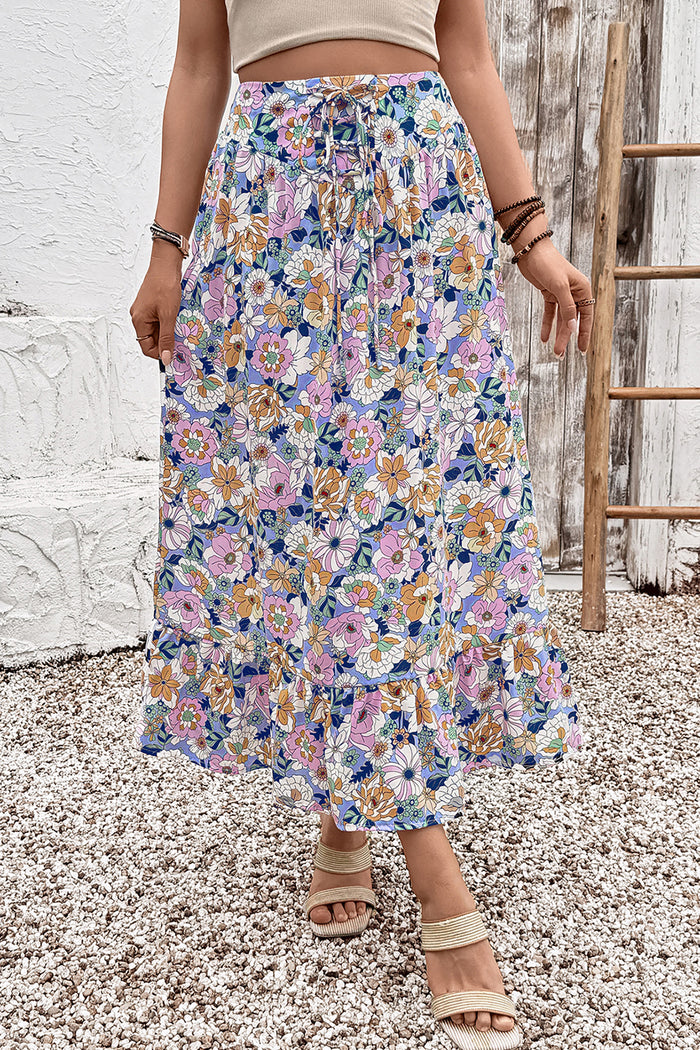 Pink Floral Print Lace-up High Waist Ruffle Hem Maxi Skirt