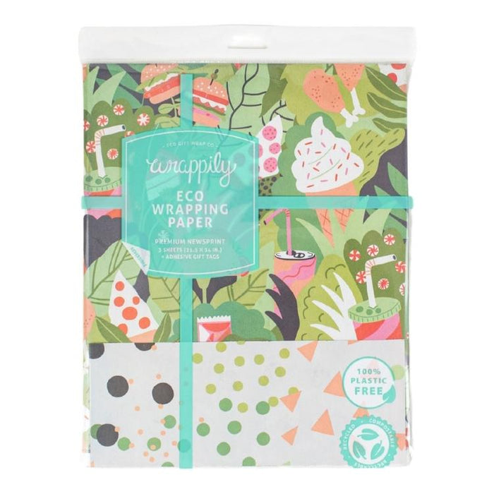 Wrappily Eco Gift Wrapping Paper. Double Sided Newsprint Made in the USA. Plants 'n Junk/Geo Dots.