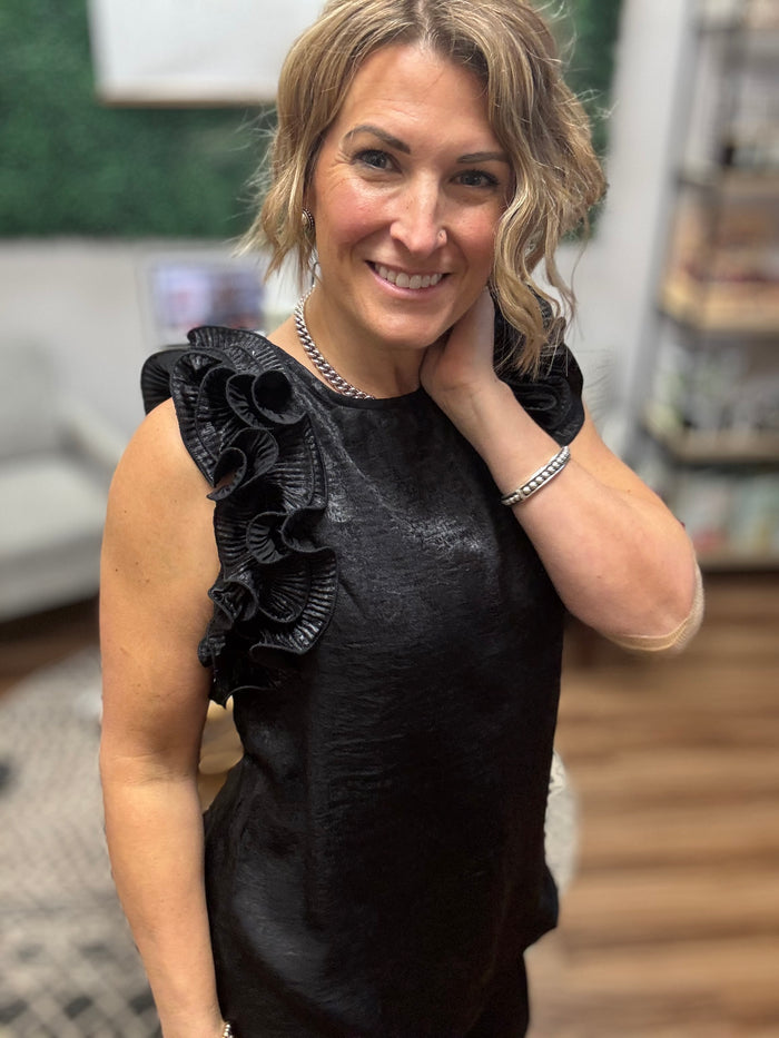 Pleated Ruffle Trim Metallic Top - Black