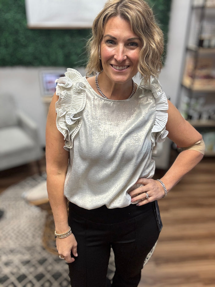Pleated Ruffle Trim Metallic Top - Champagne