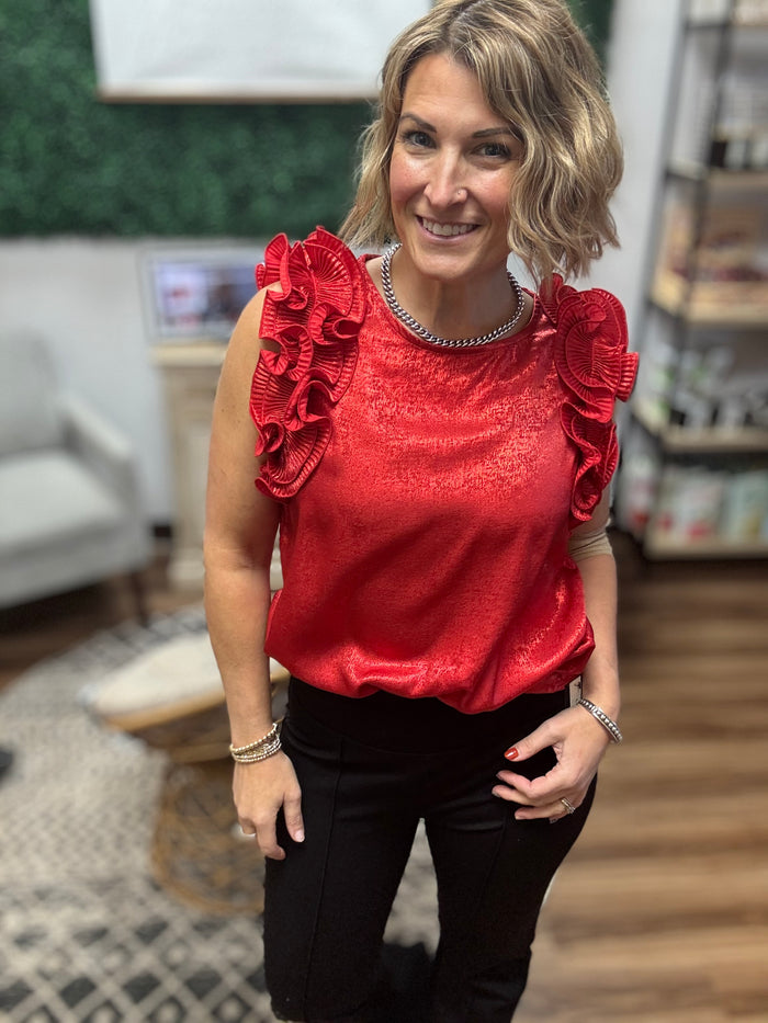 Pleated Ruffle Trim Metallic Top - Red