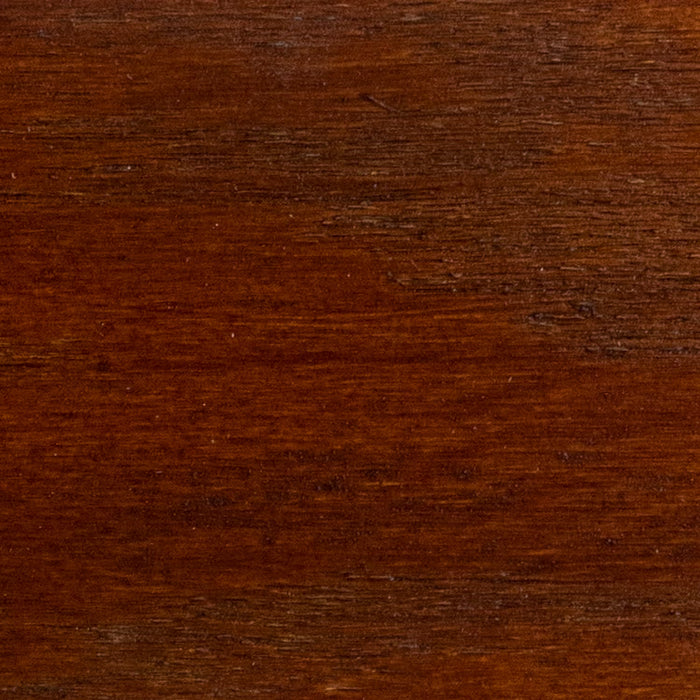 Stain and Finish wood swatch in Mad River Mahogany, deep reddish-brown tone with fine natural wood grain.