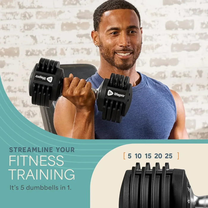 Close-up of a man curling the dumbbell beside its dial marked 5, 10, 15, 20, and 25 lbs, under the heading It's 5 Dumbbells in 1.