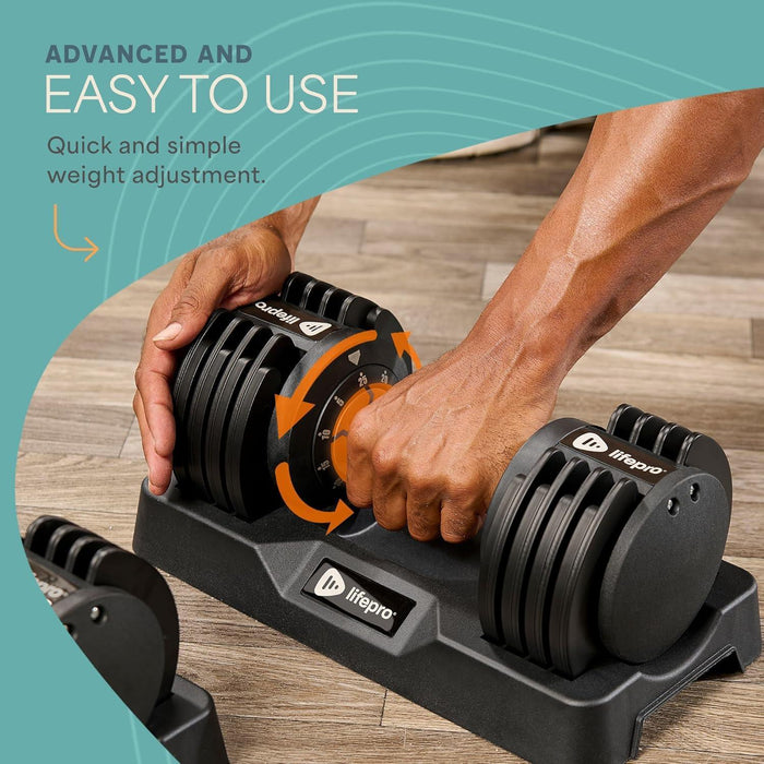 Close-up of two hands twisting the dumbbell's weight-selector dial, illustrating its quick and simple weight adjustment.