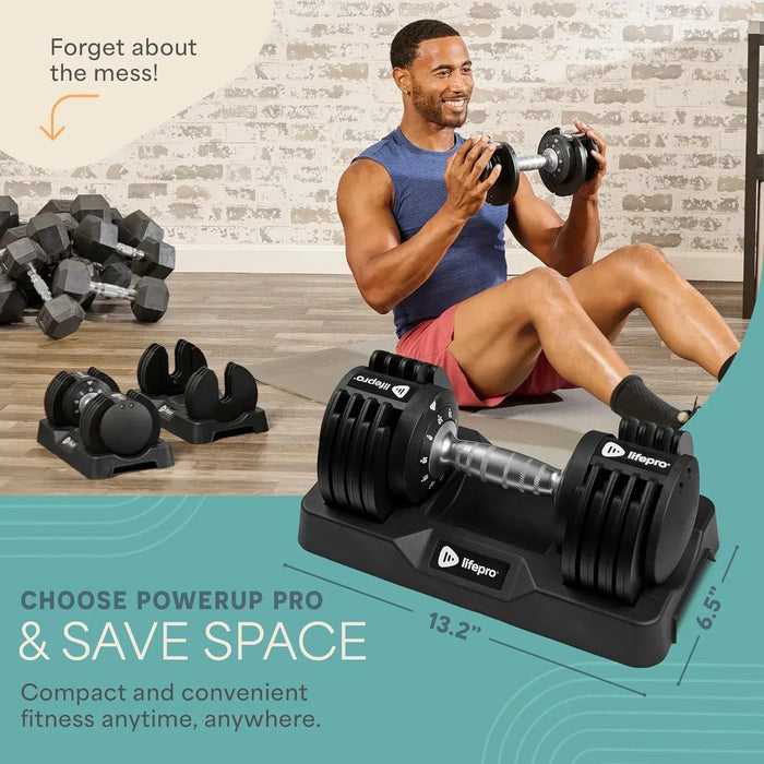 Man doing a seated crunch while holding the dumbbell, with a pile of loose hex weights in the background and the tray's 13.2 by 6.5 inch footprint labeled, under the heading Choose PowerUp Pro and Save Space.