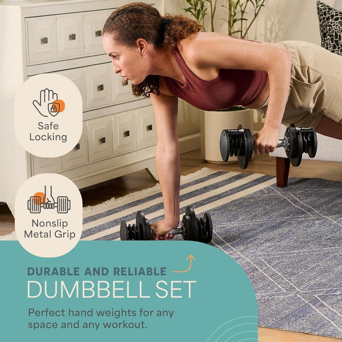Woman doing a push-up gripping two PowerUp Plus dumbbells, beside icons for their safe locking mechanism and nonslip metal grip handles.