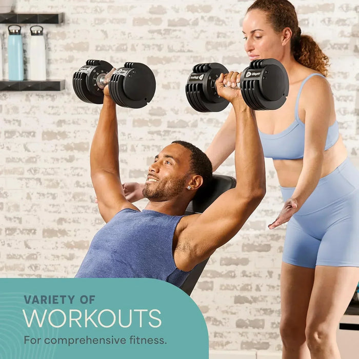Man pressing a dumbbell overhead on an incline bench while a woman spots him with another dumbbell, under the heading Variety of Workouts.