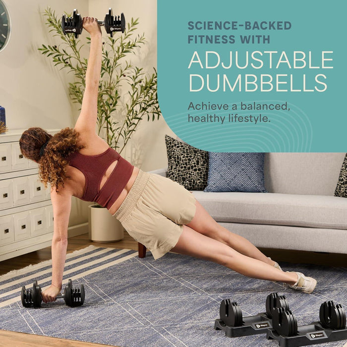 Woman holding a side plank with one arm raised overhead gripping a dumbbell and the other braced on the floor with a second dumbbell, under the heading Adjustable Dumbbells.