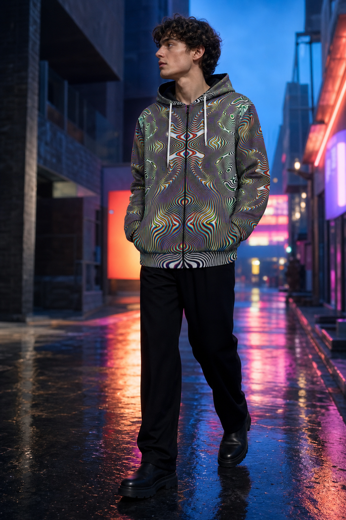 Prismatic Frequency Micro Fleece Zip Up Hoodie — lifestyle view 03 — 03-wearer-right